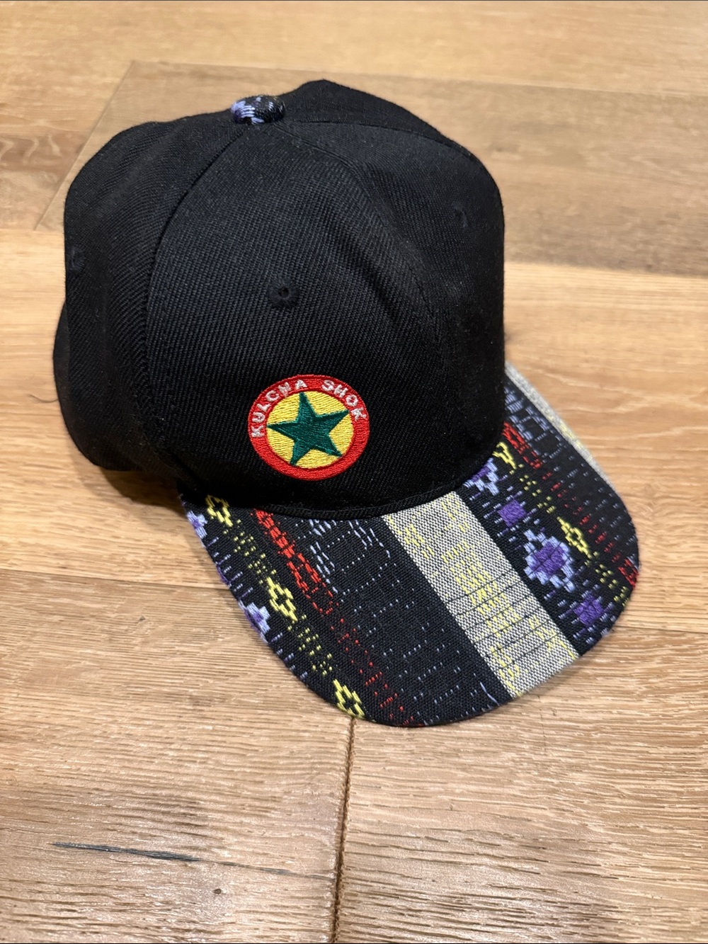 Kids Black Snapback Hat with Patterned Brim
